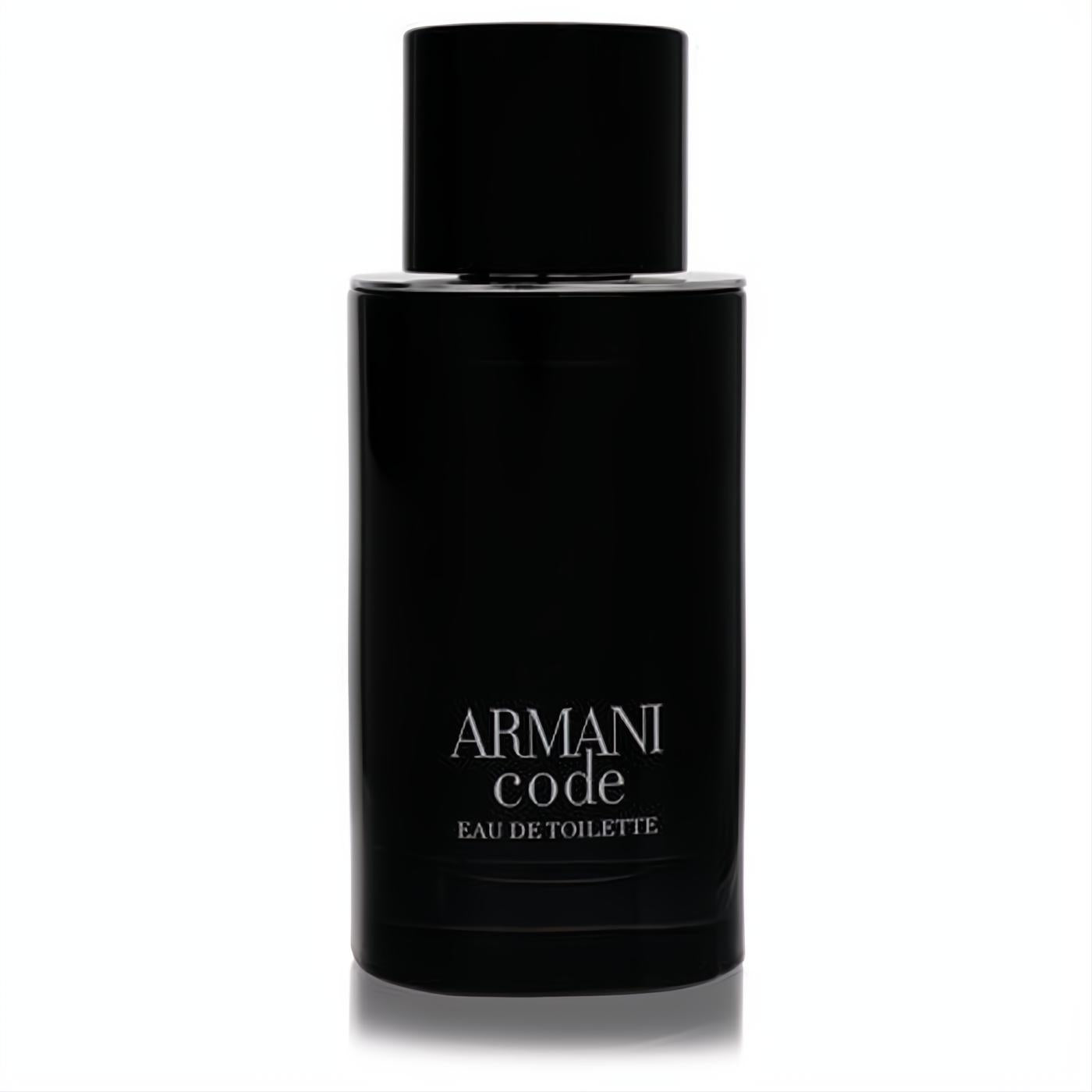 Sophisticated black Armani Code Eau De Toilette spray for men. Elegant 2.5 oz bottle with crisp white lettering.