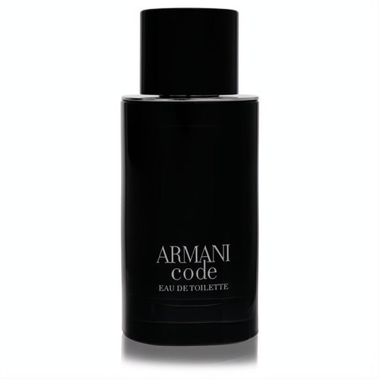 Sophisticated black Armani Code Eau De Toilette spray for men. Elegant 2.5 oz bottle with crisp white lettering.