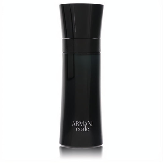 Sophisticated Armani Code men's 2.5 oz EDT spray tester. Sleek matte black bottle with glossy cap and white logo.