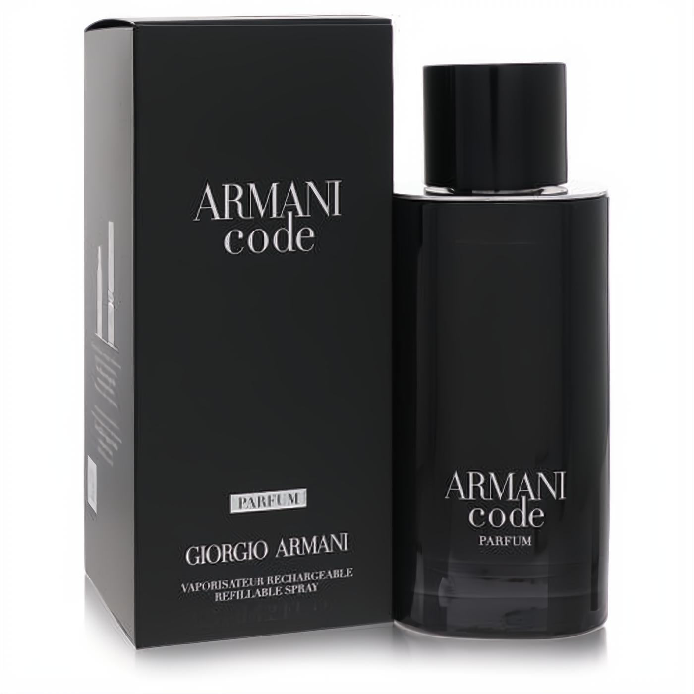 Elevate your scent with Armani Code Parfum 4.2 oz refillable spray. Sleek black bottle and matching box.