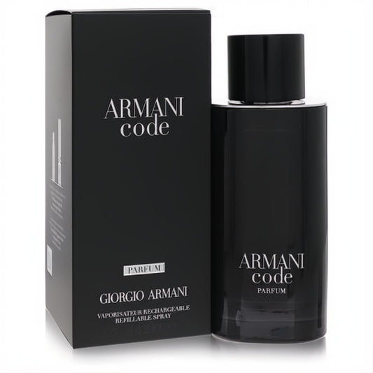 Elevate your scent with Armani Code Parfum 4.2 oz refillable spray. Sleek black bottle and matching box.