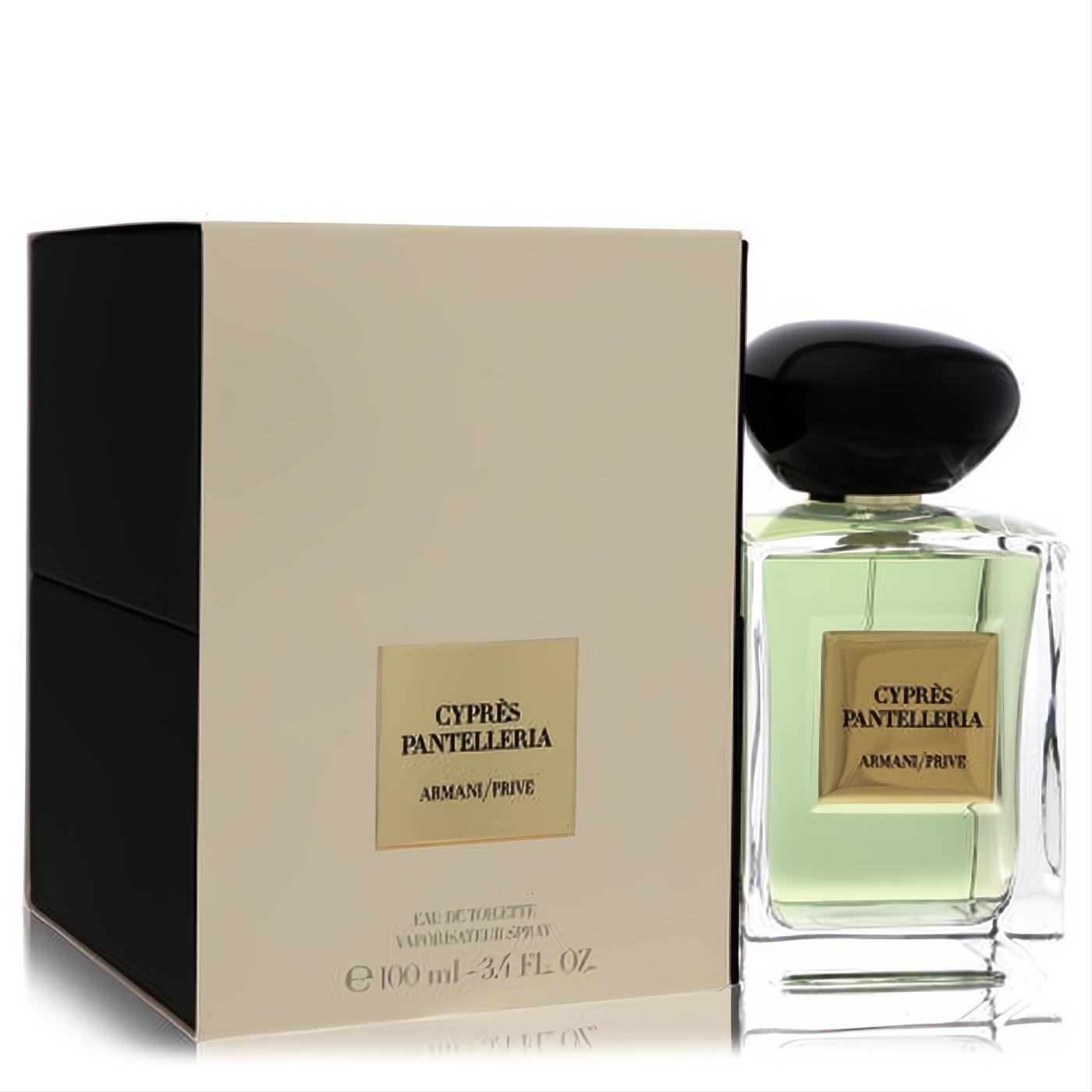 Giorgio Armani Prive Cypres Pantelleria 3.4 oz unisex EDT. Clear bottle with vibrant green liquid, black cap, and sophisticated beige box.