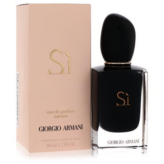 Armani Si Intense 1.7 oz EDP. Bold black rectangular bottle with gold 'Si' logo, beside its elegant peach box.