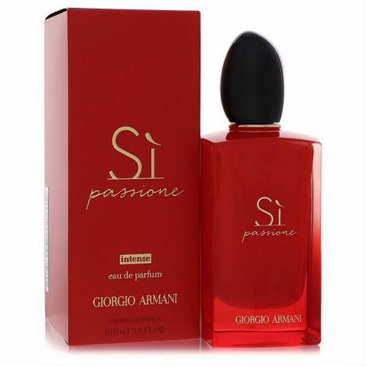 Giorgio Armani Si Passione Intense 3.4 oz EDP. Elegant red rectangular bottle with black cap, gold lettering, and matching box.