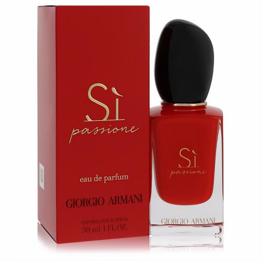 Vibrant red Armani Si Passione 1 oz Eau De Parfum bottle with sleek black cap, displayed with its elegant matching box.