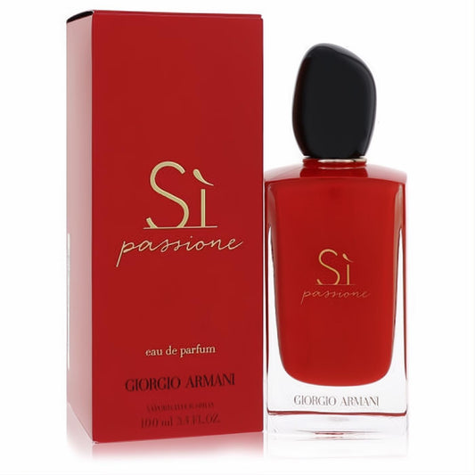 Vibrant red Armani Si Passione 3.4 oz EDP bottle with gold logo, sleek black cap, and matching box.