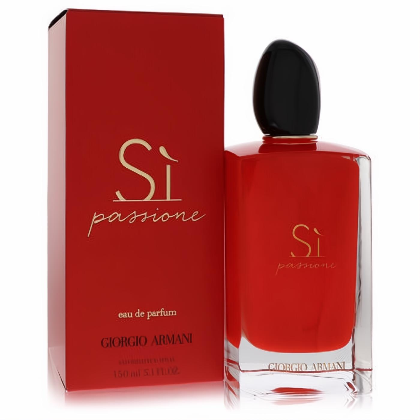 Elegant Armani Si Passione 5.1 oz EDP for women. Bold red glass bottle with black cap and gold logo, beside its matching box.