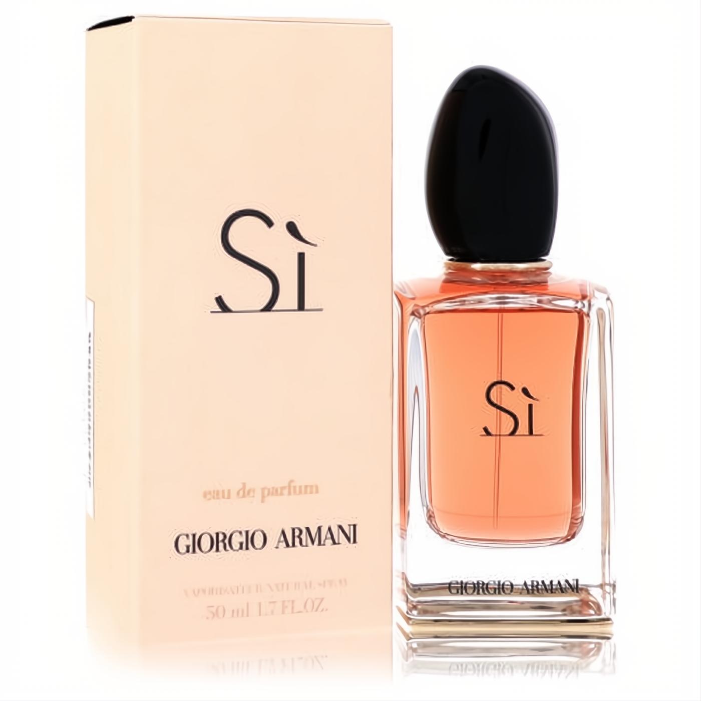 Giorgio Armani Si 1.7 oz Eau De Parfum. Elegant clear glass bottle with warm peach fragrance, sleek black cap, and beige box.