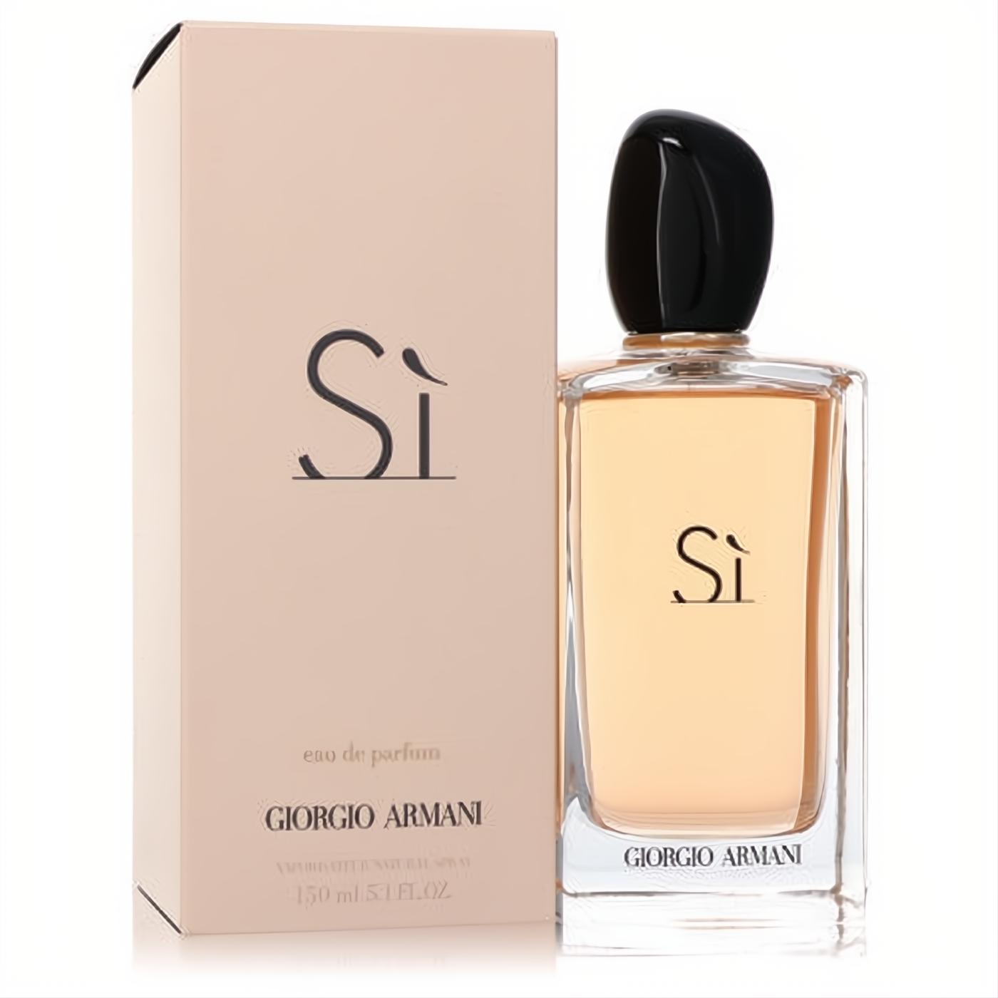 Experience Armani Si 5.1 oz Eau De Parfum: a clear glass bottle with a chic black cap, paired with its elegant nude box.