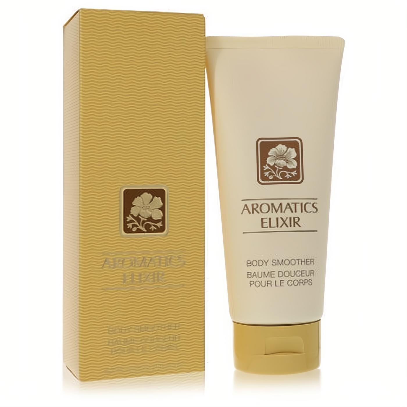 Clinique Aromatics Elixir Body Smoother 6.7 oz. Elegant cream tube with gold cap and matching textured gold box, featuring a classic floral design.
