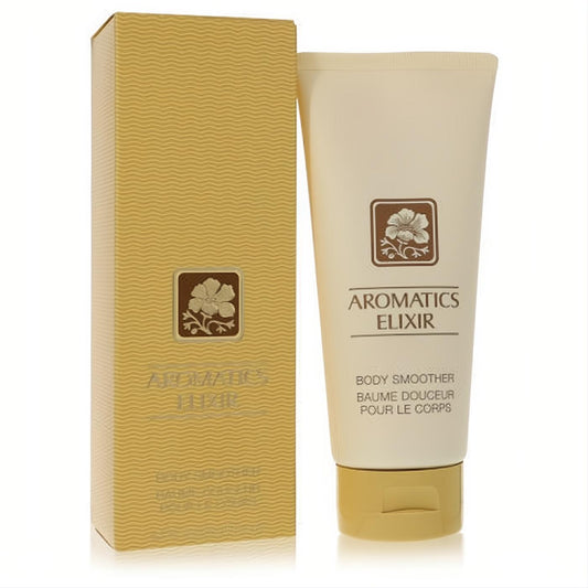 Clinique Aromatics Elixir Body Smoother 6.7 oz. Elegant cream tube with gold cap and matching textured gold box, featuring a classic floral design.