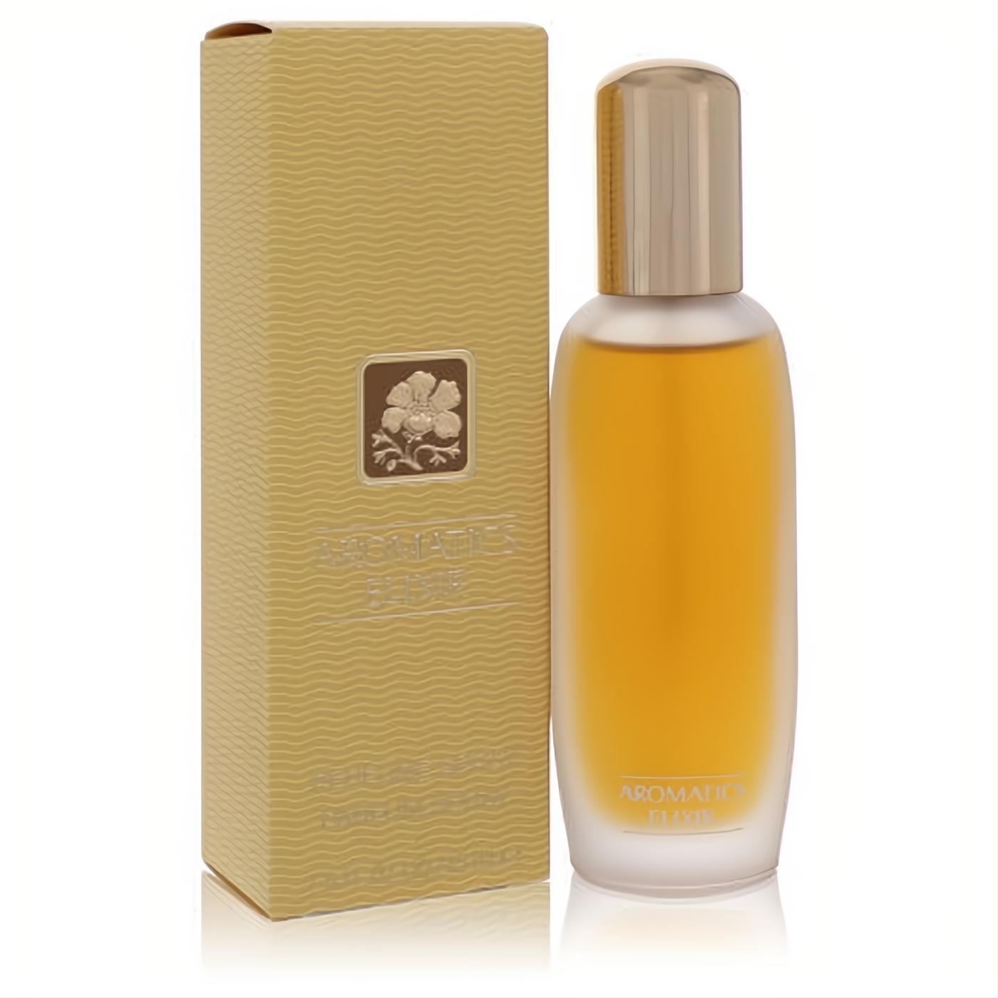 Captivating Clinique Aromatics Elixir 1.5 oz Eau De Parfum. Frosted glass bottle, golden liquid, elegant gold cap, and textured box.