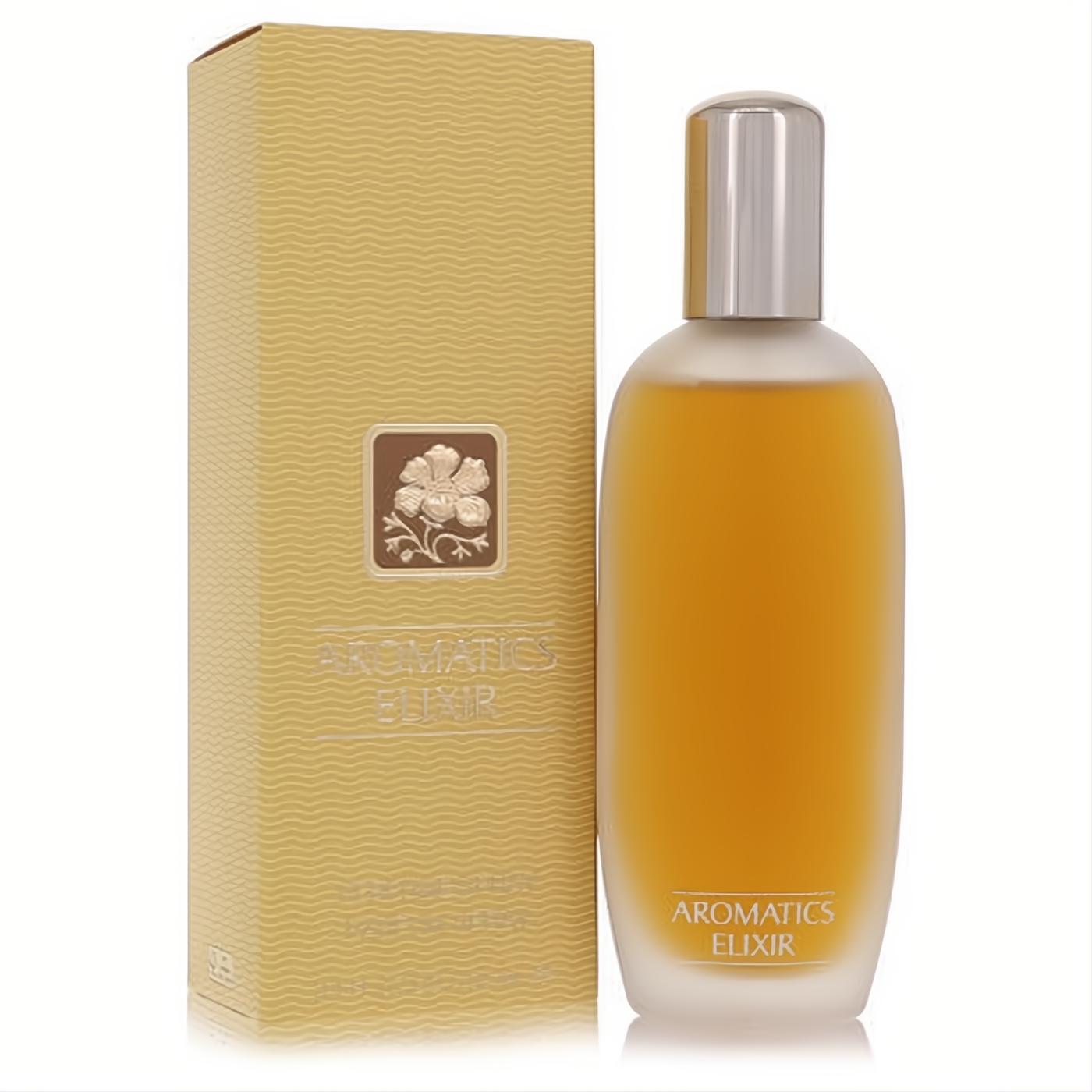 Experience Clinique Aromatics Elixir 3.4 oz EDP. Elegant frosted bottle with rich amber fragrance, next to its luxurious gold textured box.