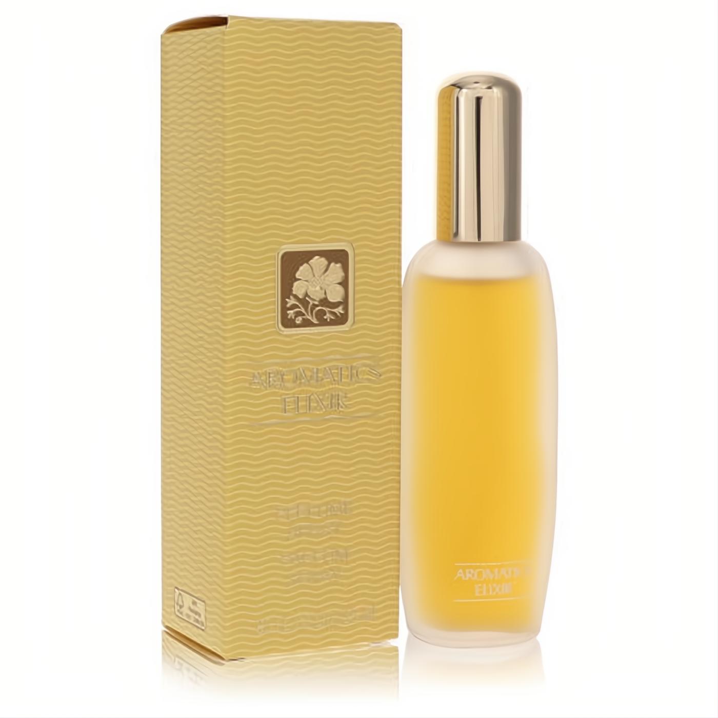 Clinique Aromatics Elixir .85 oz EDP spray. Frosted glass bottle with golden liquid, sleek metallic cap, and textured gold box.