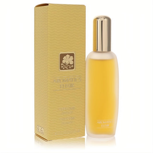 Clinique Aromatics Elixir .85 oz EDP spray. Frosted glass bottle with golden liquid, sleek metallic cap, and textured gold box.
