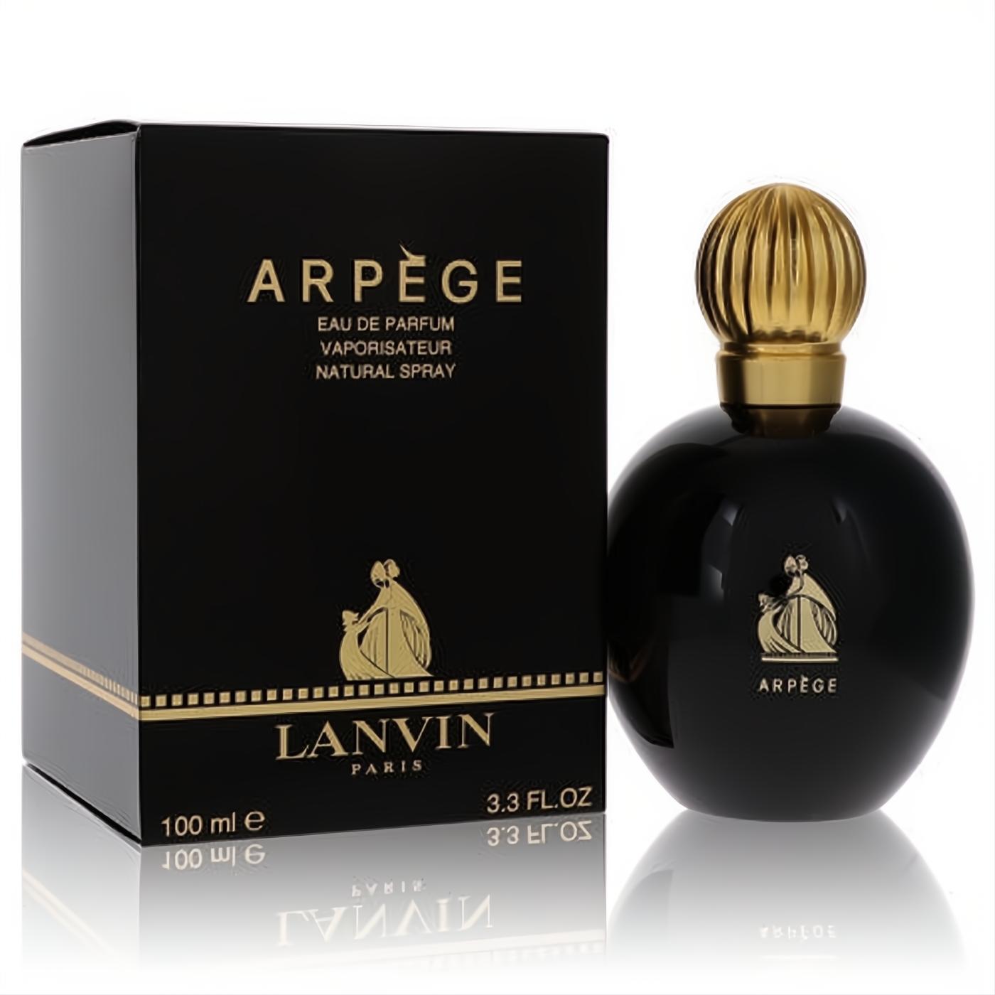 Elegant Arpege by Lanvin black perfume bottle with gold ribbed cap and iconic silhouette, 3.3 fl.oz spray.