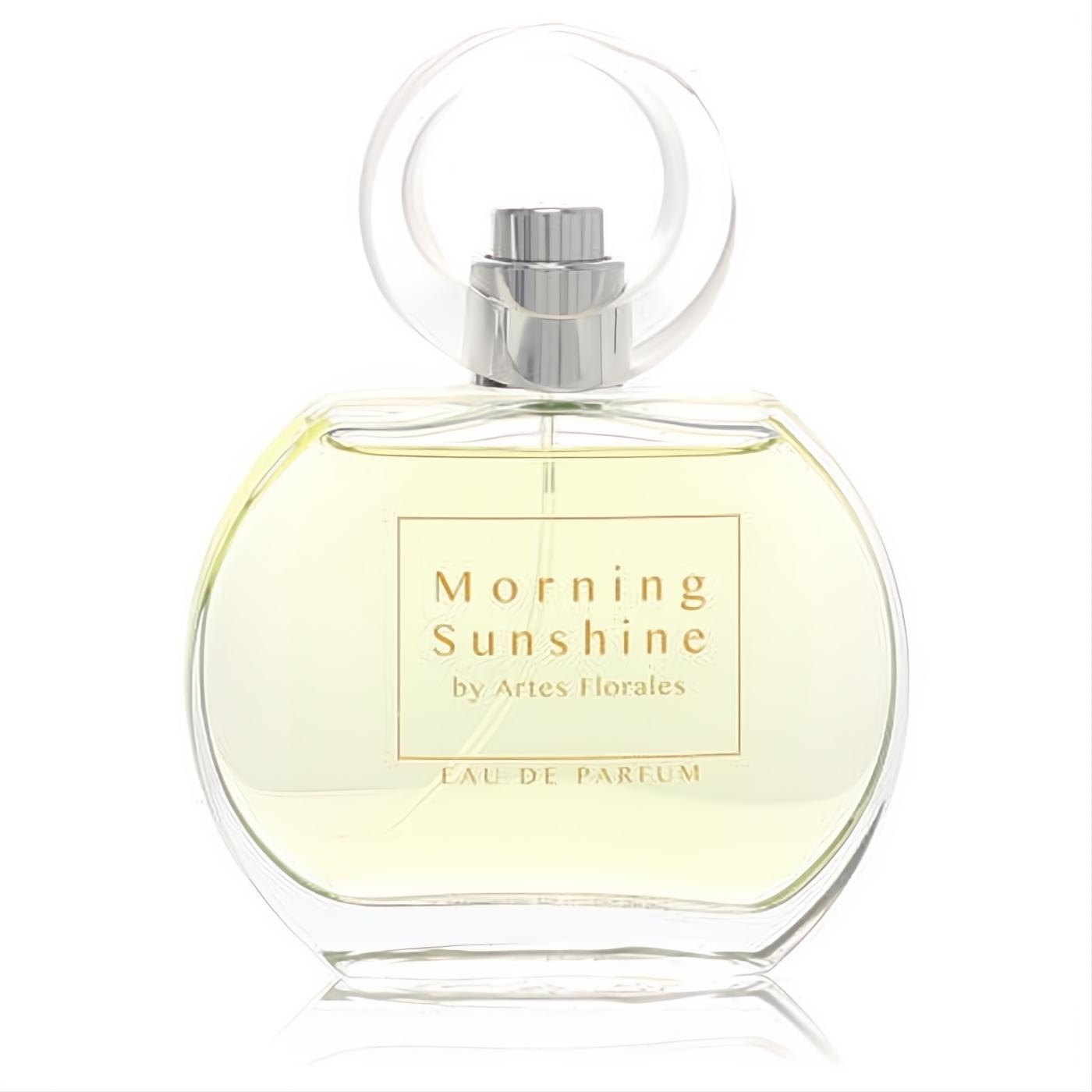Elegant Artes Florales Morning Sunshine 1.7 oz EDP. Clear glass bottle with radiant yellow fragrance, topped by a distinctive clear ring cap.
