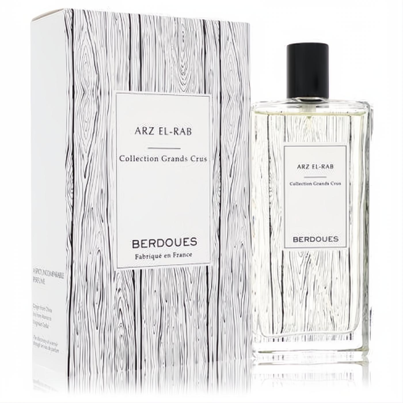 Arz El-Rab Berdoues Eau De Parfum: clear glass bottle with black cap, elegant white label, and matching wood-grain box.