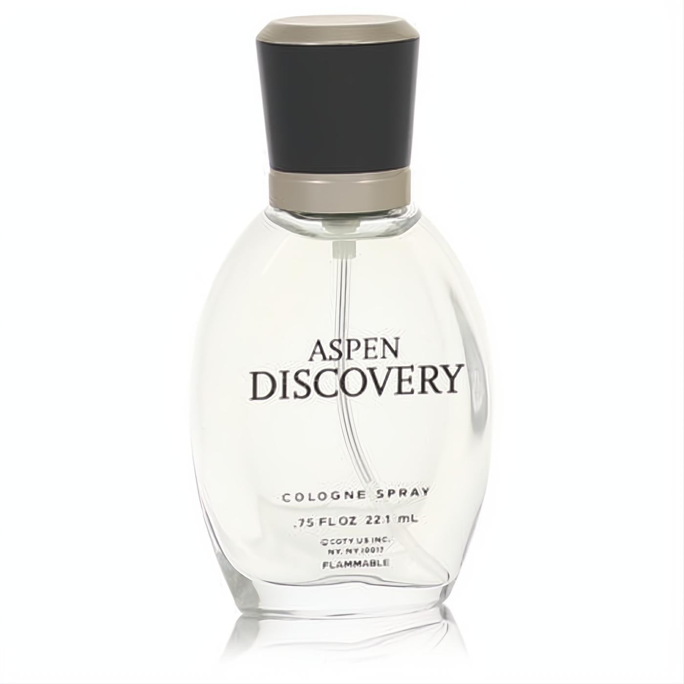 Coty Aspen Discovery .75 oz men's cologne spray. Clear glass bottle with a stylish black and silver cap for a refreshing, masculine aroma.