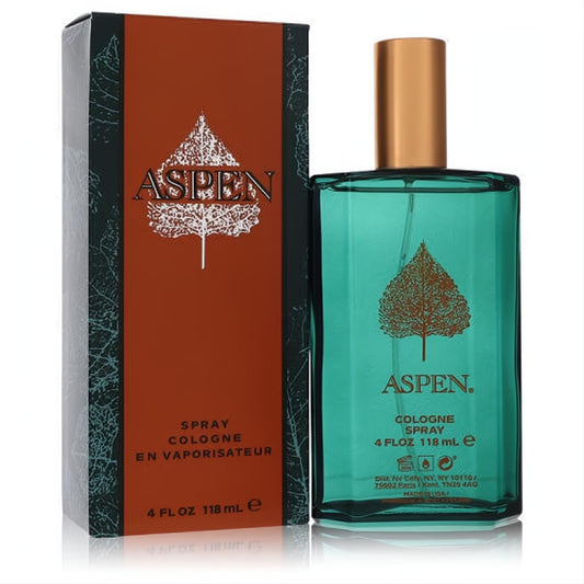 Aspen by Coty men's 4 oz cologne spray. Teal glass bottle with gold cap and iconic tree logo, beside its matching brown box.