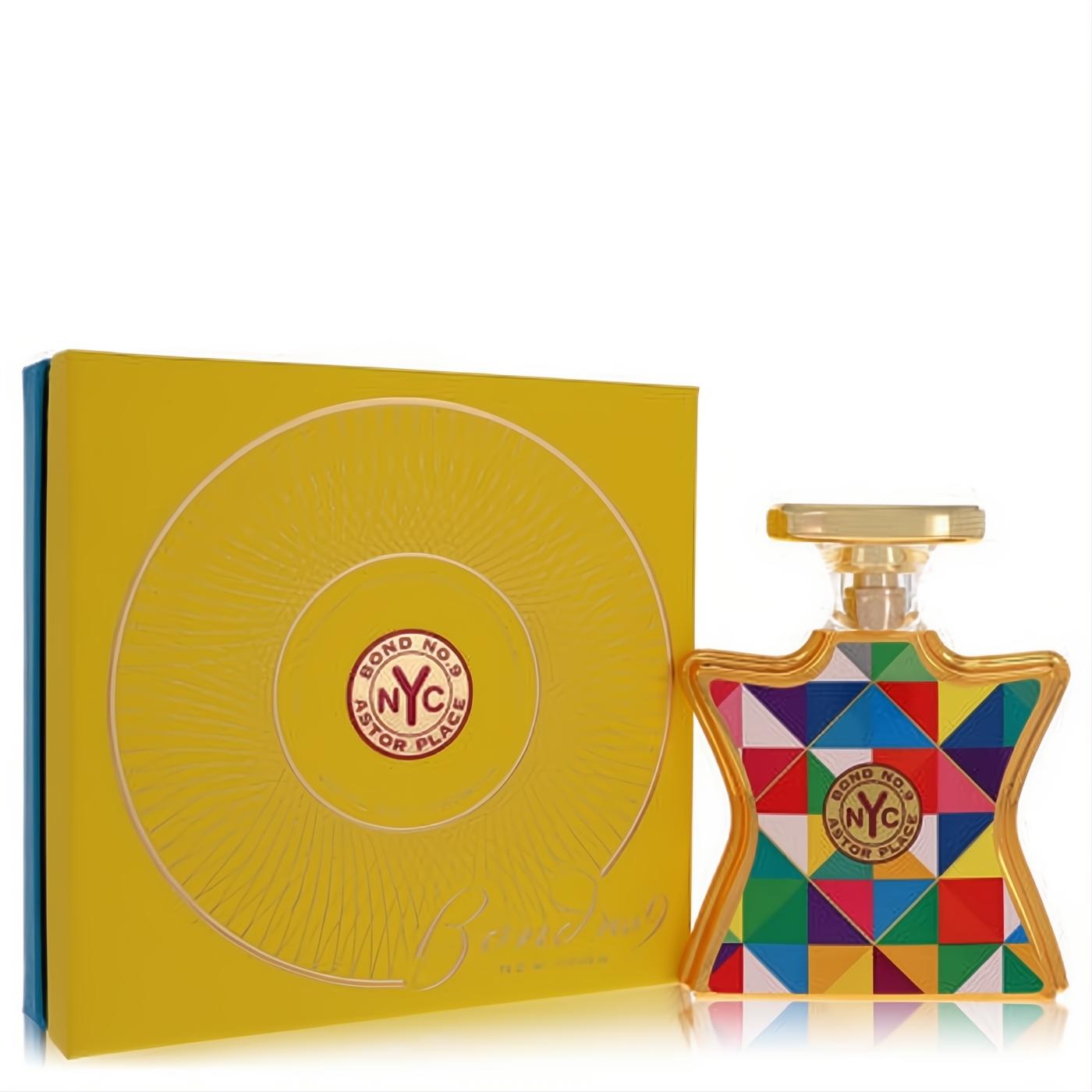 Vibrant Bond No. 9 Astor Place 3.3 oz EDP in a unique gold-trimmed bottle with a colorful geometric design, beside its bright yellow box.