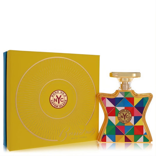 Vibrant Bond No. 9 Astor Place 3.3 oz EDP in a unique gold-trimmed bottle with a colorful geometric design, beside its bright yellow box.