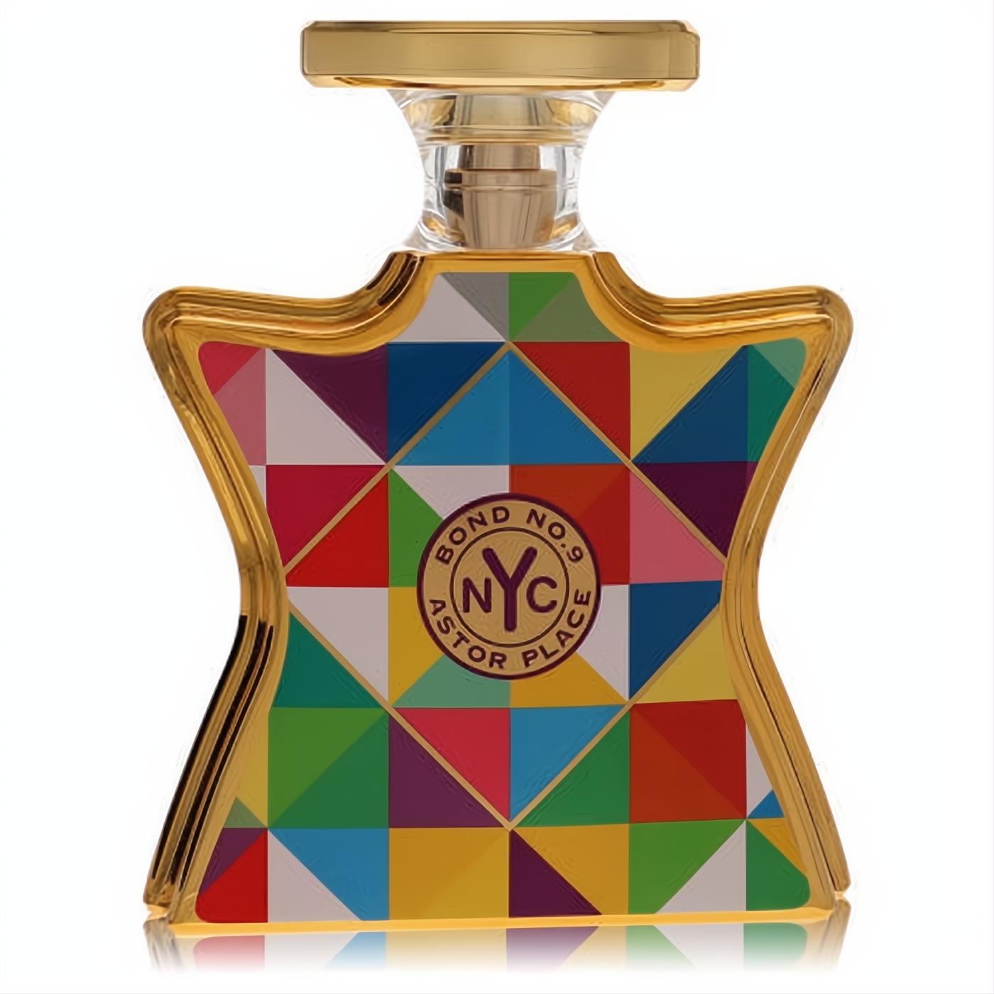 Astor Place by Bond No. 9 EDP spray. Vibrant multi-color geometric bottle with luxurious gold trim and elegant cap.