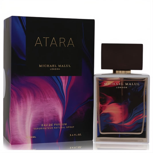 Luxurious Atara by Michael Malul London Eau De Parfum 3.4 oz. Square glass bottle and box feature vibrant abstract art.