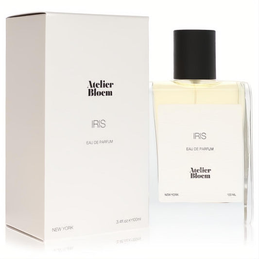 Atelier Bloem Iris 3.4 oz unisex eau de parfum. Golden liquid in a sleek clear glass bottle with black cap and crisp white box.