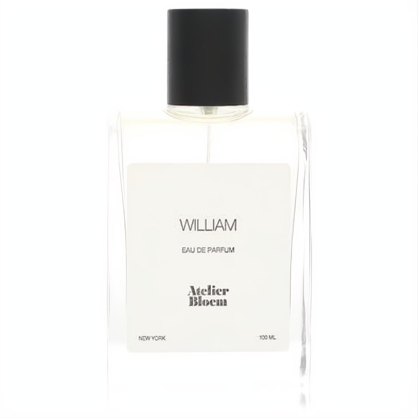 Elegant Atelier Bloem William Eau De Parfum 100ml fragrance. Clear glass bottle, minimalist white label, sleek black cap.