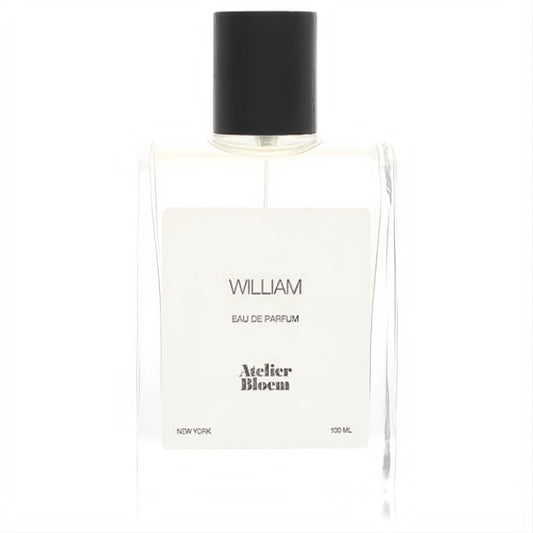 Elegant Atelier Bloem William Eau De Parfum 100ml fragrance. Clear glass bottle, minimalist white label, sleek black cap.