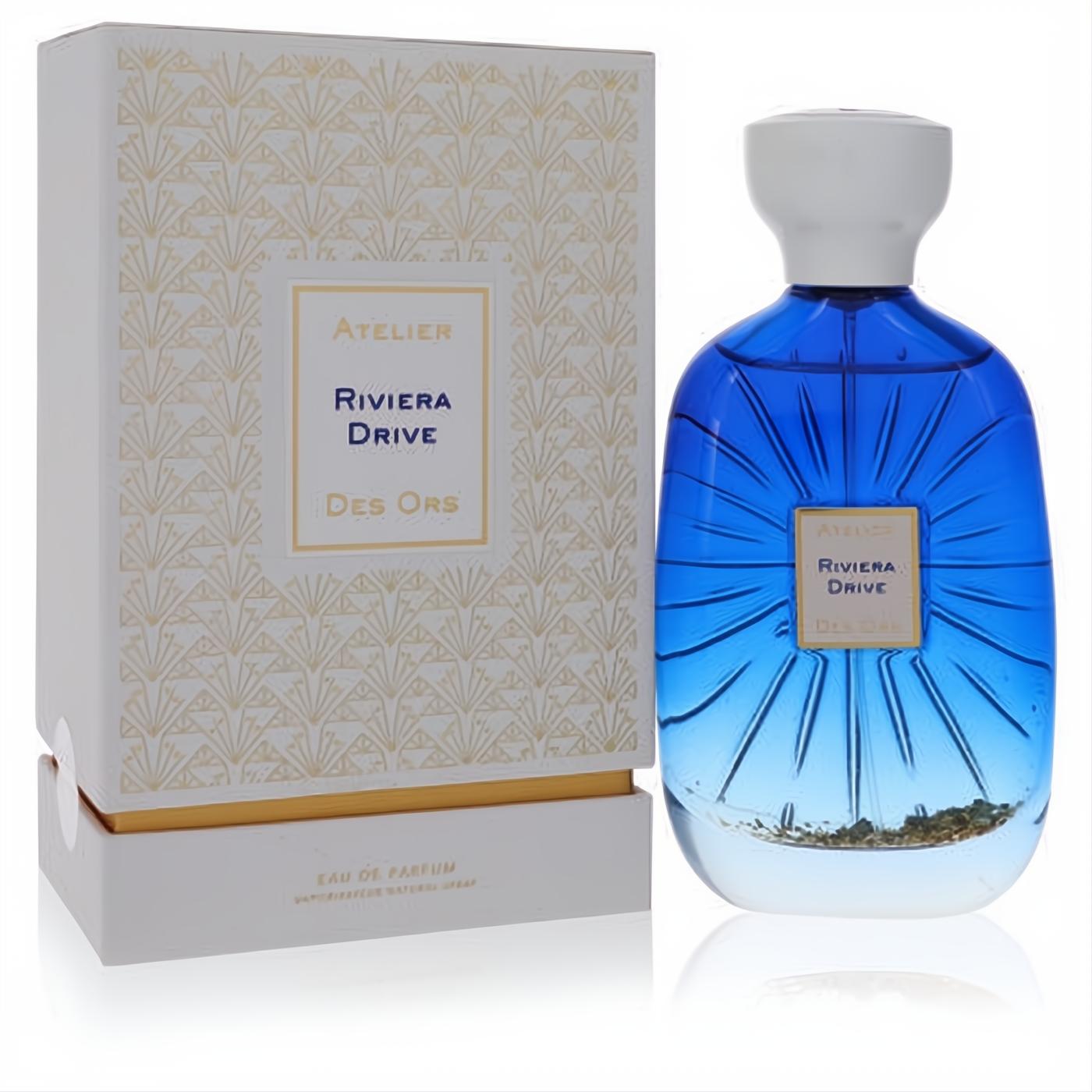 Vibrant Atelier Des Ors Riviera Drive unisex EDP: blue glass bottle with white cap, gold label, and elegant art deco box.