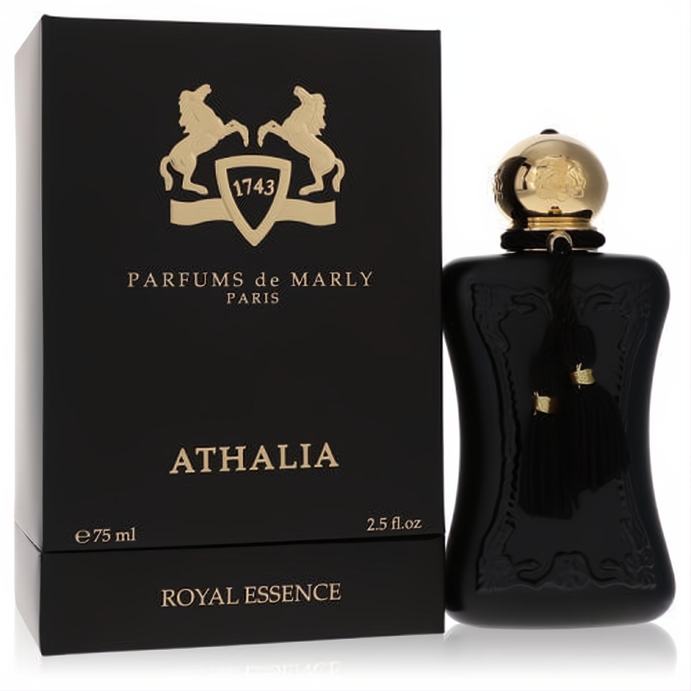 Elegant Athalia Parfums De Marly 2.5 oz EDP. Luxurious black bottle with gold cap, tassel, and matching black box.