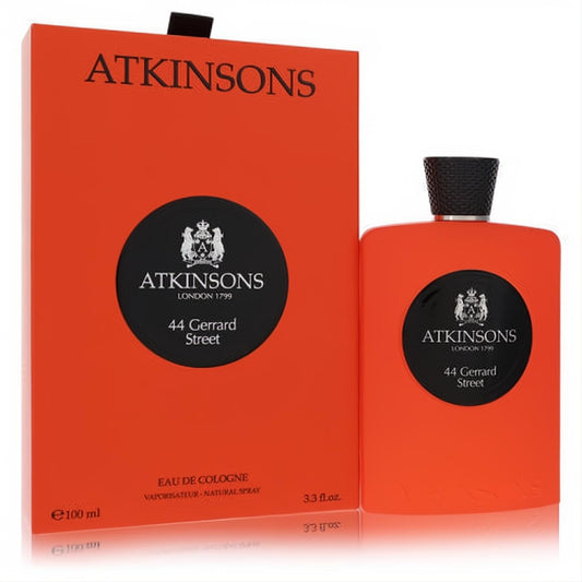 Atkinsons 44 Gerrard Street 3.3 oz Eau De Cologne spray. Bold orange rectangular bottle & box with black labels and cap.