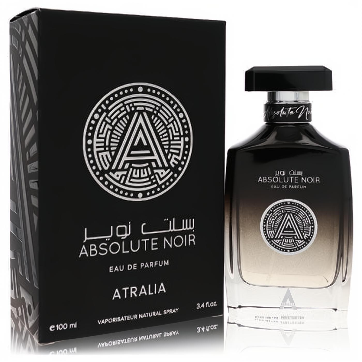 Elegant Atralia Absolute Noir 3.4 oz unisex EDP. Black gradient glass bottle with silver logo, presented with its matching sleek black box.