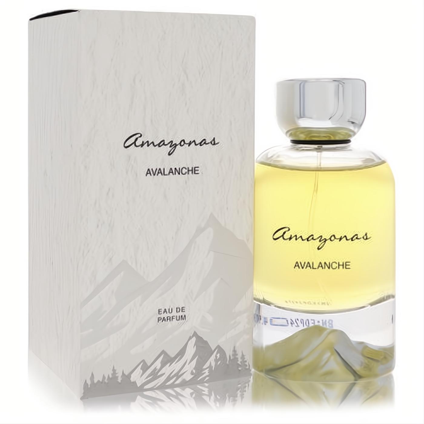 Amazonas Avalanche unisex Eau De Parfum. Clear 3.4 oz bottle showcases golden liquid, silver cap, unique mountain base, and white box.
