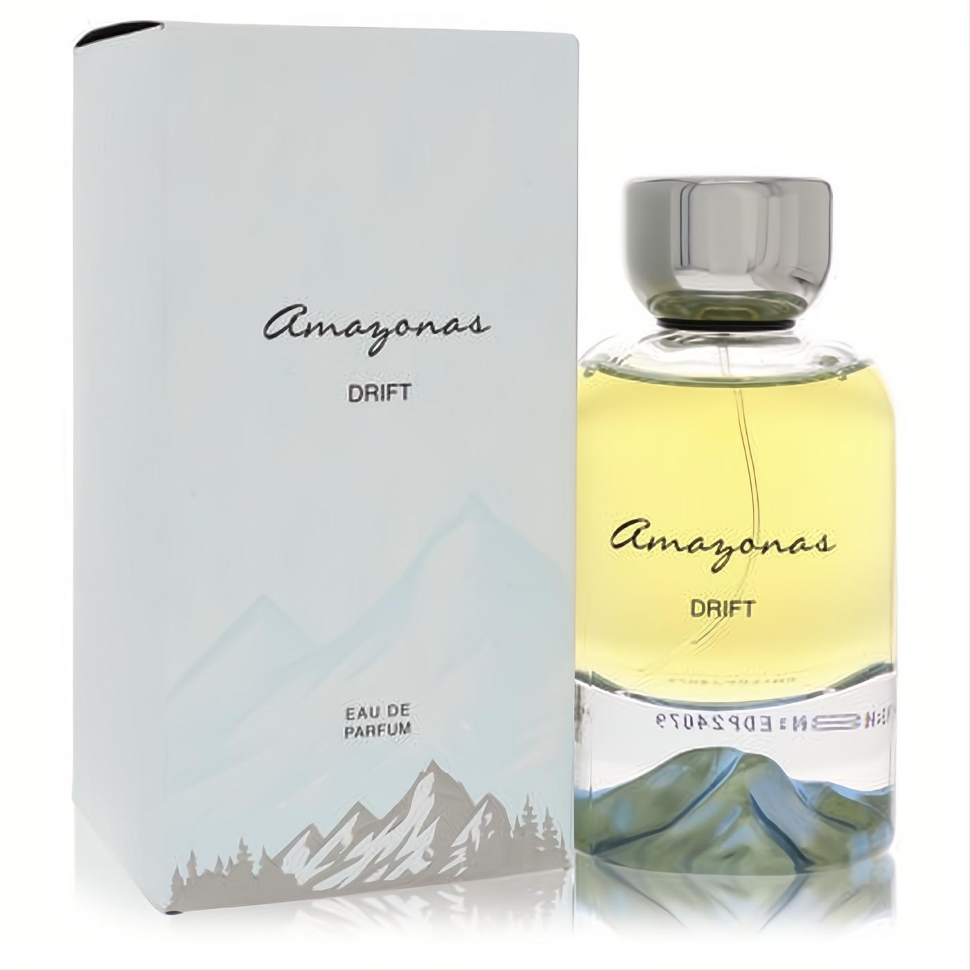 Discover Atralia Amazonas Drift 3.4 oz unisex EDP. Clear bottle with silver cap, unique mountain base, and matching white mountain-themed box.