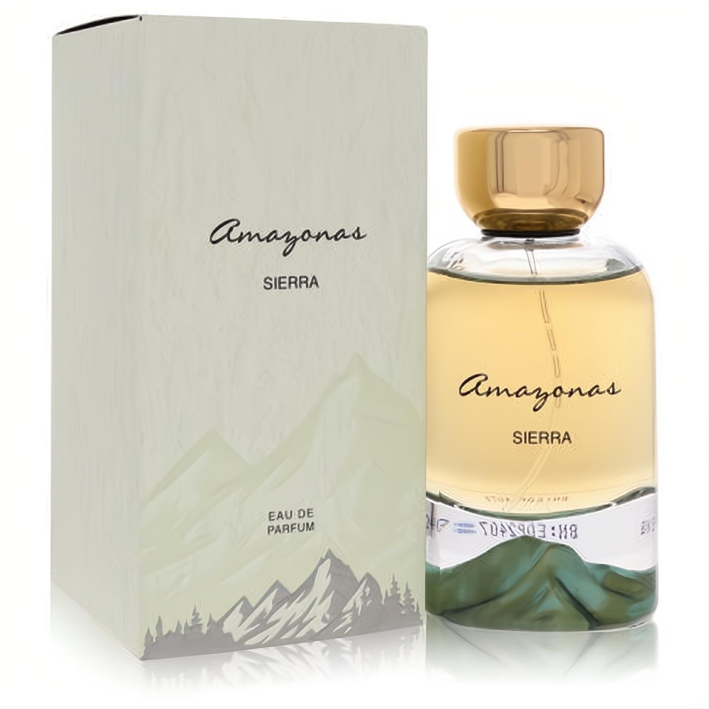 Atralia Amazonas Sierra 3.4 oz unisex Eau De Parfum. Clear bottle, gold cap, amber liquid, and unique green mountain base, with matching box.