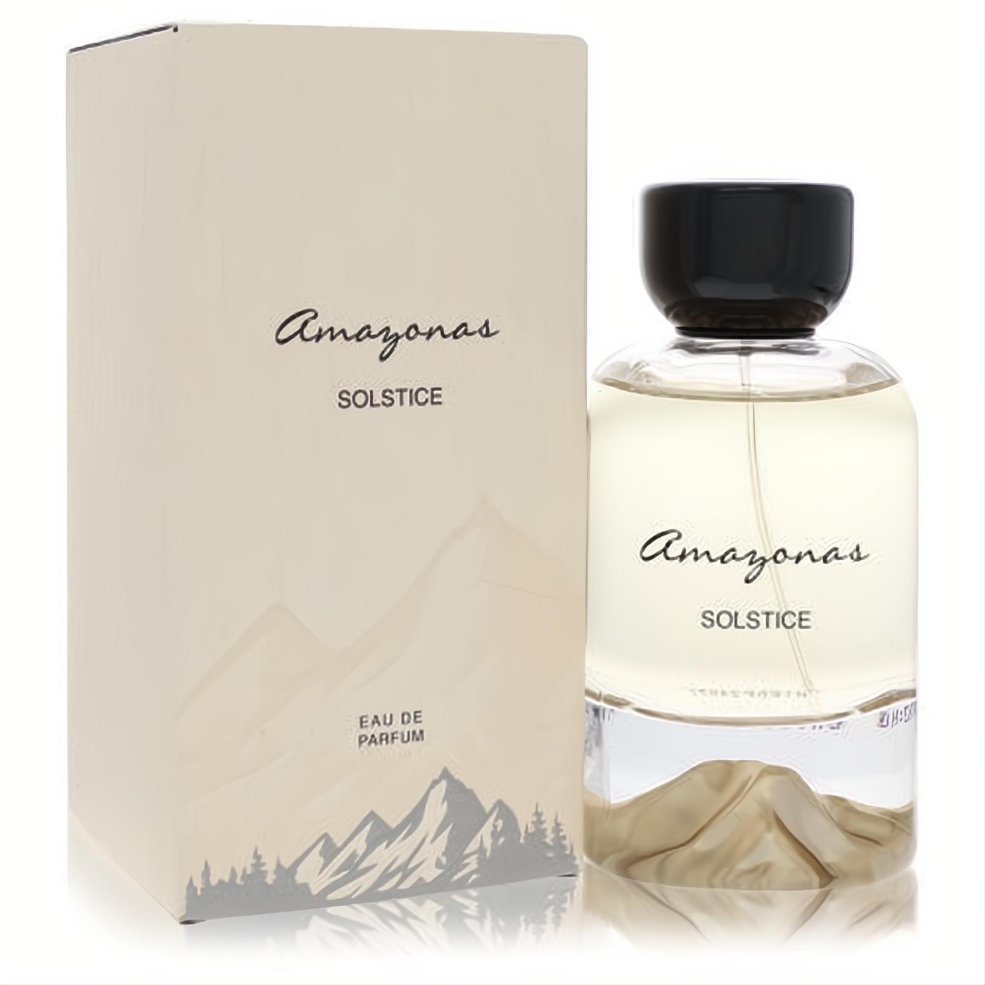 Atralia Amazonas Solstice 3.4 oz unisex EDP. Elegant clear glass bottle with a unique sculpted mountain base, black cap, and matching beige box.