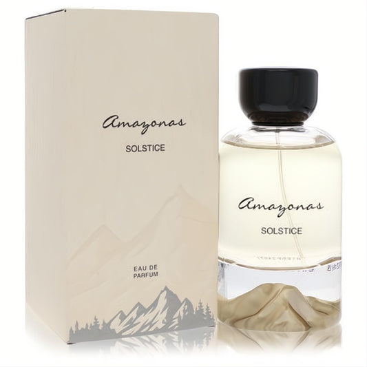 Atralia Amazonas Solstice 3.4 oz unisex EDP. Elegant clear glass bottle with a unique sculpted mountain base, black cap, and matching beige box.