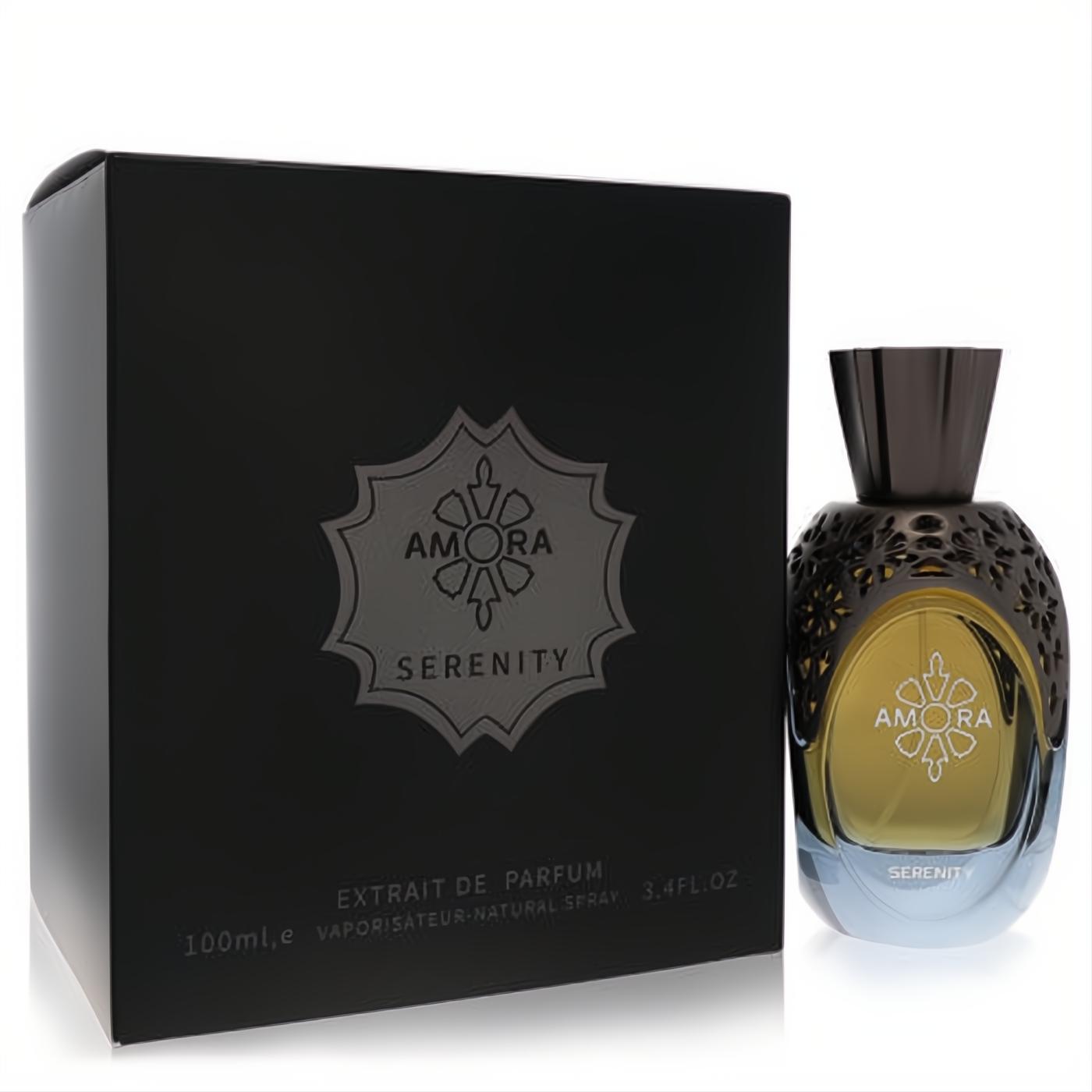 Atralia Amora Serenity 3.4 oz Extrait De Parfum. Ornate black bottle with intricate cutouts revealing golden liquid, beside its matte black box.