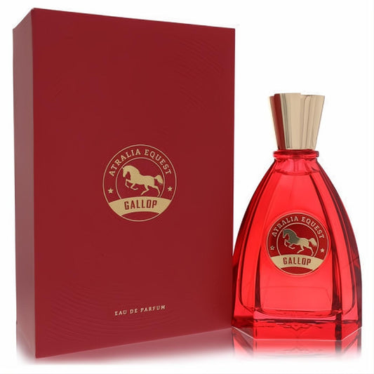 Bold red Atralia Equest Gallop 3.4 oz unisex Eau De Parfum spray bottle featuring a unique gold cap and equestrian horse logo.