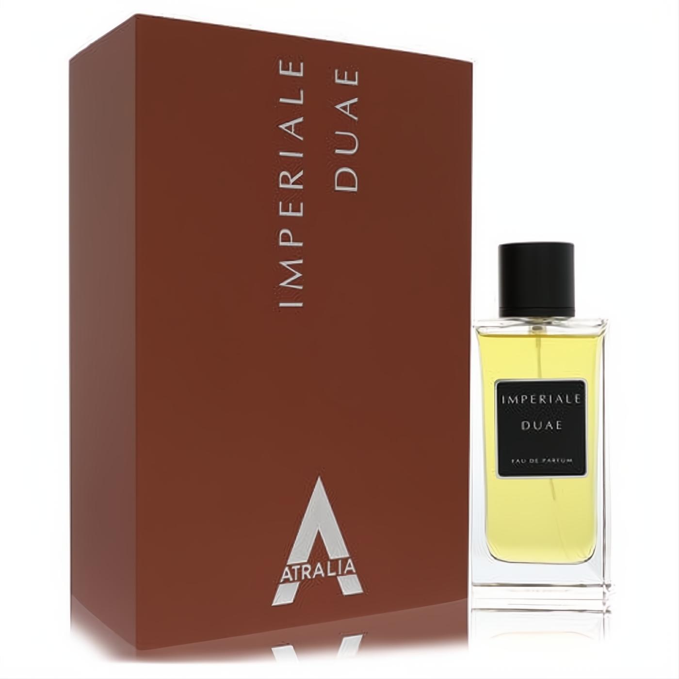 Atralia Imperiale Duae 3.4 oz unisex Eau De Parfum. Elegant clear glass bottle with black cap and premium brown branded packaging.