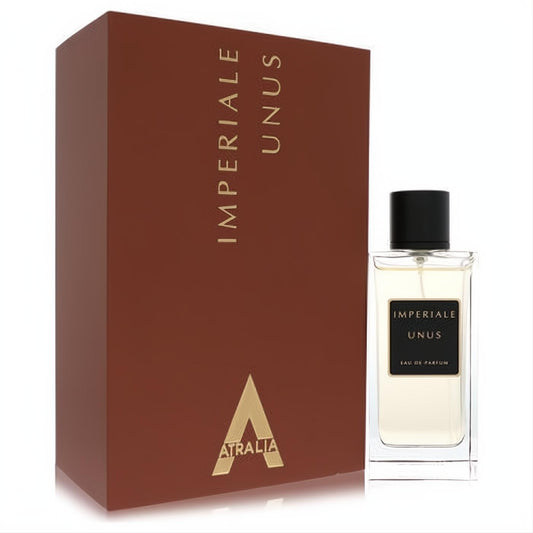 Elegant Atralia Imperiale Unus 3.4 oz unisex Eau De Parfum spray bottle with a luxurious reddish-brown and gold branded box.