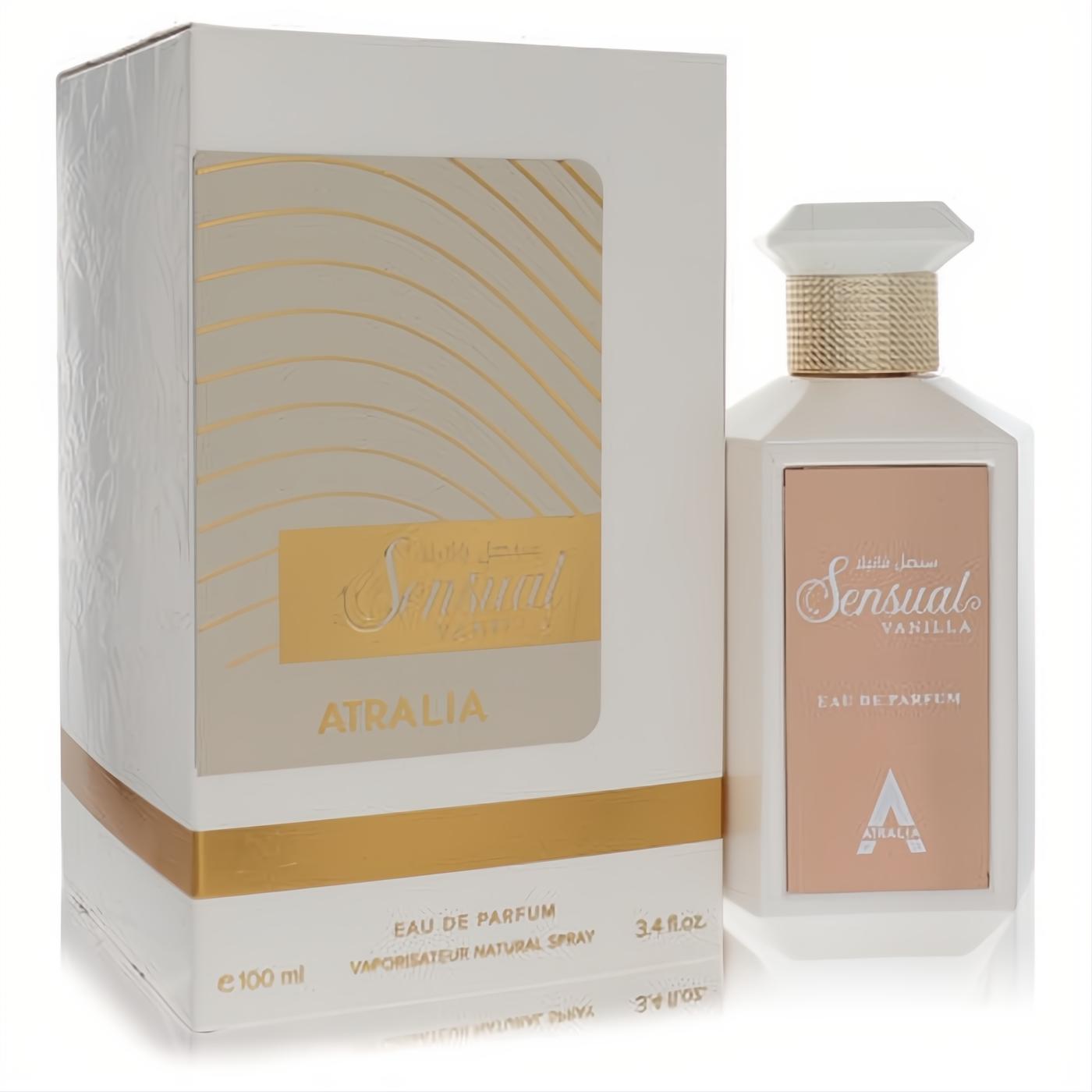 Luxurious Atralia Sensual Vanilla 3.4 oz unisex EDP spray. White bottle with gold accents, faceted cap, and elegant packaging.