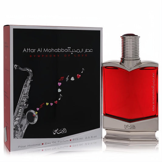 Rasasi Attar Al Mohabba 2.5 oz men's EDP. Bold red bottle with sleek silver trim, next to its elegant black musical-themed box.