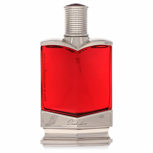Bold Rasasi Attar Al Mohabba men's fragrance spray in a striking red and silver designer bottle.