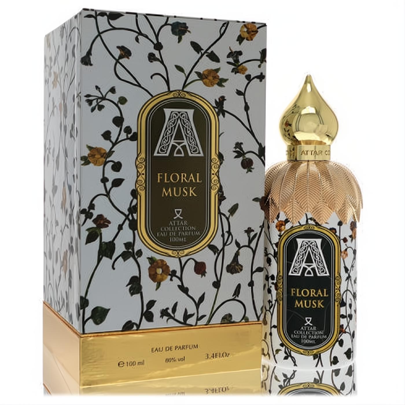 Elegant Attar Floral Musk 3.4 oz unisex EDP. Ornate gold cap, white bottle with intricate floral design, and matching luxury box.
