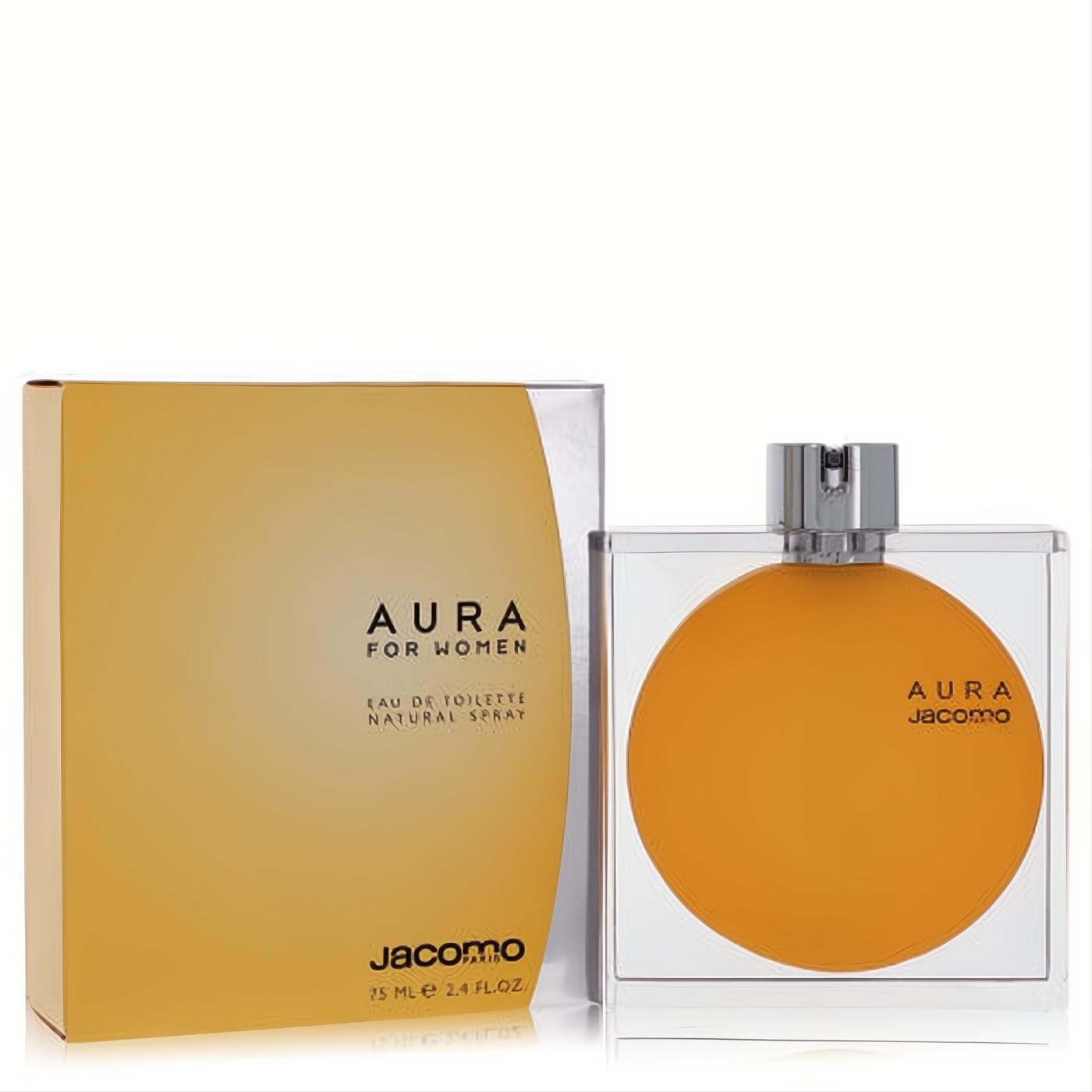 Experience Aura by Jacomo 2.4 oz women's Eau De Toilette. Clear bottle with vibrant orange circle design, beside its elegant matching box.