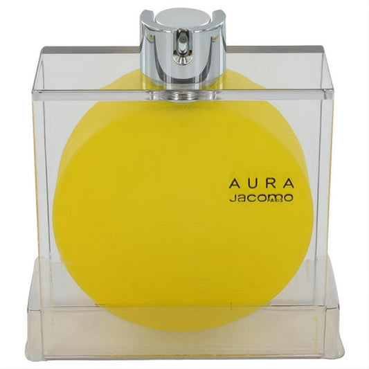 Vibrant yellow Aura by Jacomo women's perfume bottle with a silver sprayer, elegantly presented in a clear display case.